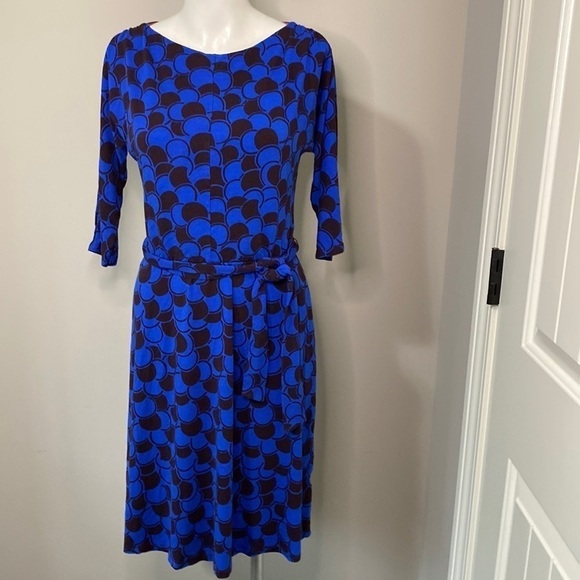 Boden Erica Navy Blue Jersey Dress with Belt Knee Length Geometric Size 4 - Picture 2 of 15